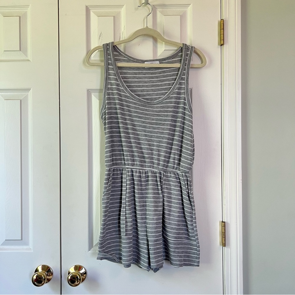 Kaileigh Gray and White Striped Romper